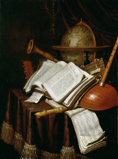 Vanitas con un globo, partituras musicales e instrumentos, 1692 de Edwaert Colyer or Collier